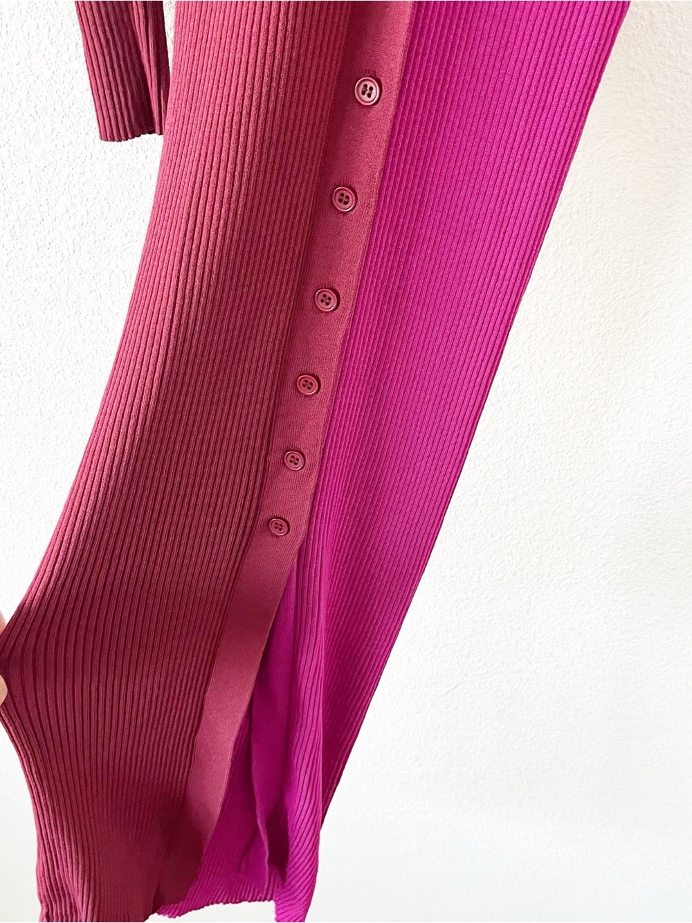 STAUD Shoko Colorblock Rib Knit Fuchsia Bordeaux Button Down Midi Cardigan Dress - Picture 6 of 9